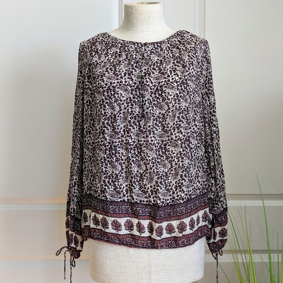 Lucky Brand Blouse Peasant Paisley Floral Print Long Sleeve Burgundy Navy L NWT - Picture 2 of 11